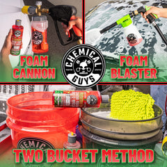 Chemical Guys Watermelon Snow Foam on car bucket wash with plush mitt.