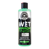 Chemical Guys Wet Mirror Finish glaze bottle highlights premium shine for paint surfaces.