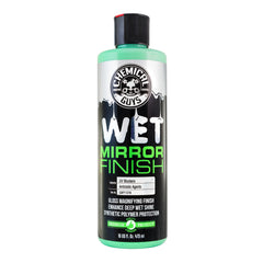 Chemical Guys Wet Mirror Finish glaze bottle highlights premium shine for paint surfaces.