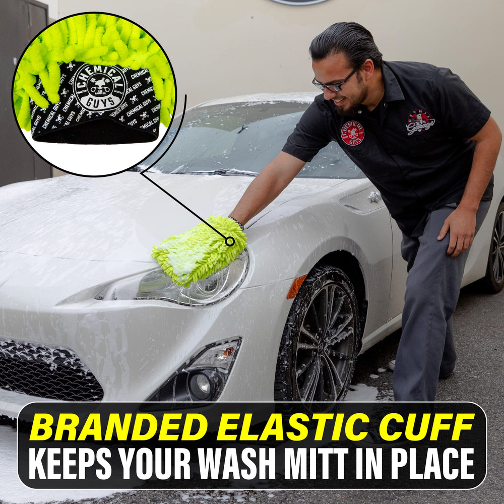 Chemical Guys Chenille Premium Wash Mitt 2-pack safe on chrome and glass surfaces