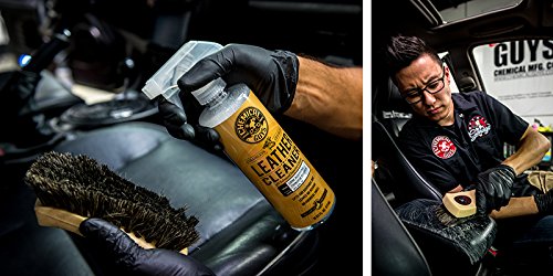 Chemical Guys ergonomic wooden-handle leather brush delivers secure grip during extended cleaning.
