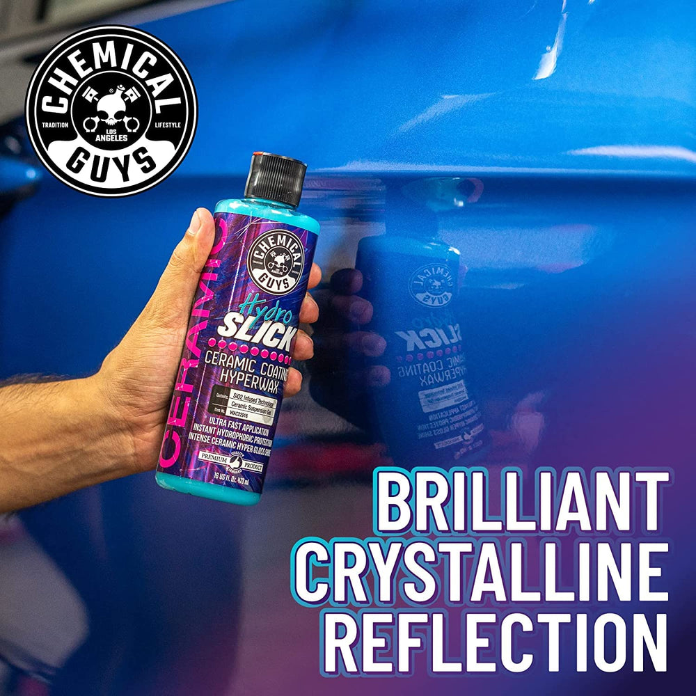 Chemical Guys HOL229 HydroSlick kit label highlighting easy, no-wax coating