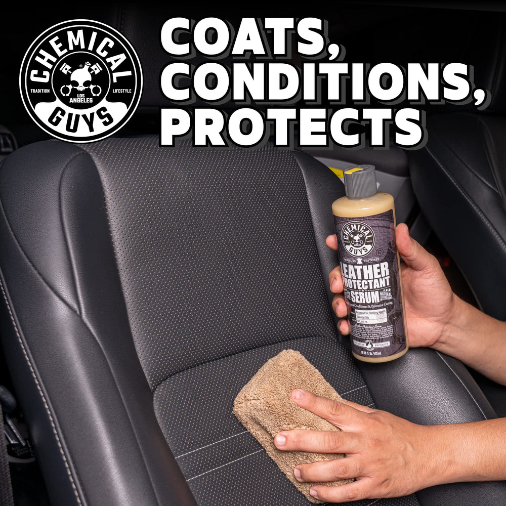 Chemical Guys Leather Cleaner applied to car seats and interior leather.