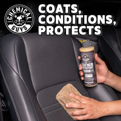 Chemical Guys Leather Cleaner applied to car seats and interior leather.