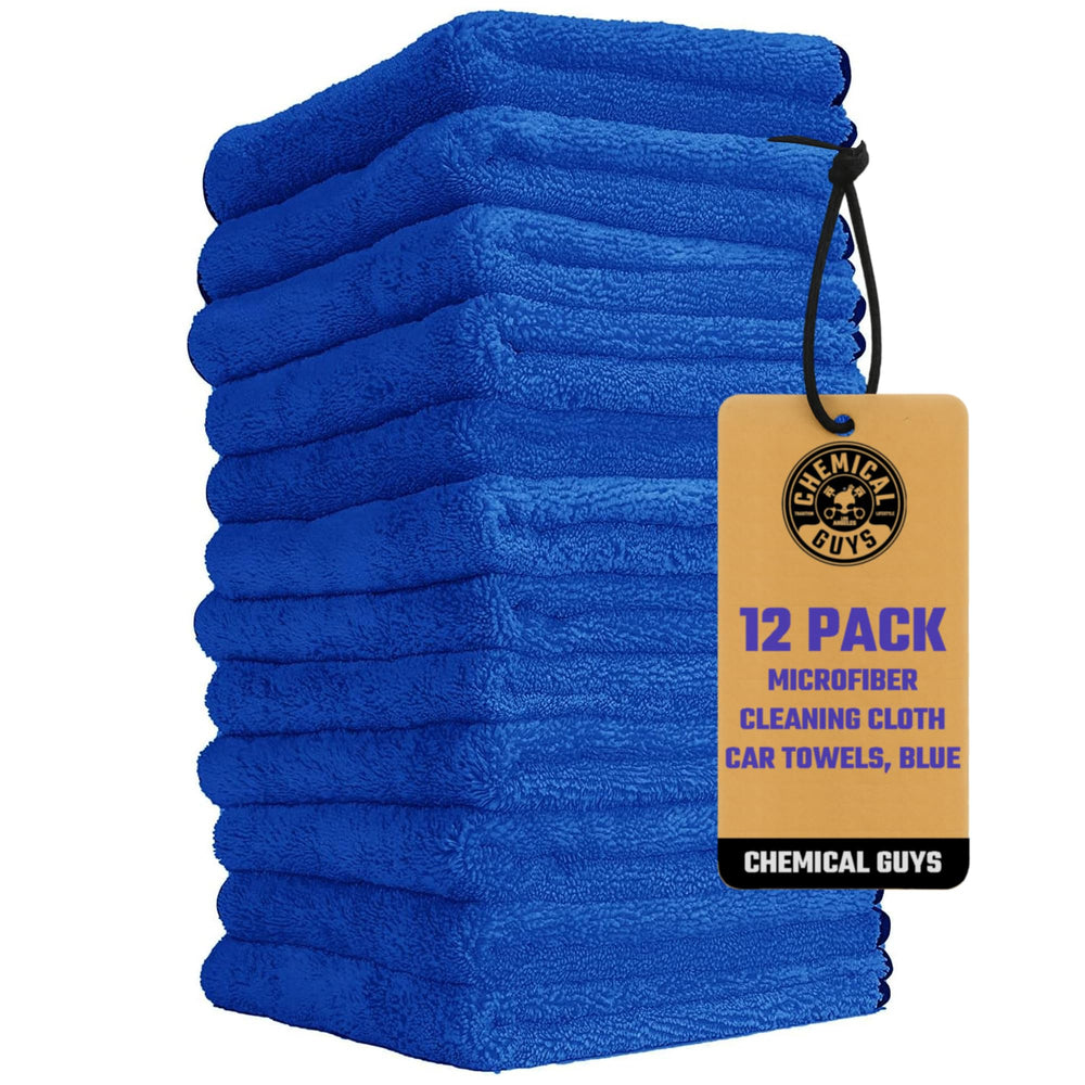 Chemical Guys MIC110012 blue microfiber towel for paint and wax removal, promoting a streak-free finish