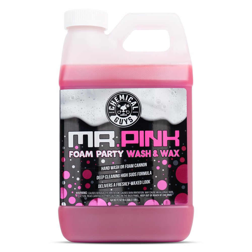 Chemical Guys Mr. Pink Foam Party Wash bottle delivering thick suds for effective dirt lifting.