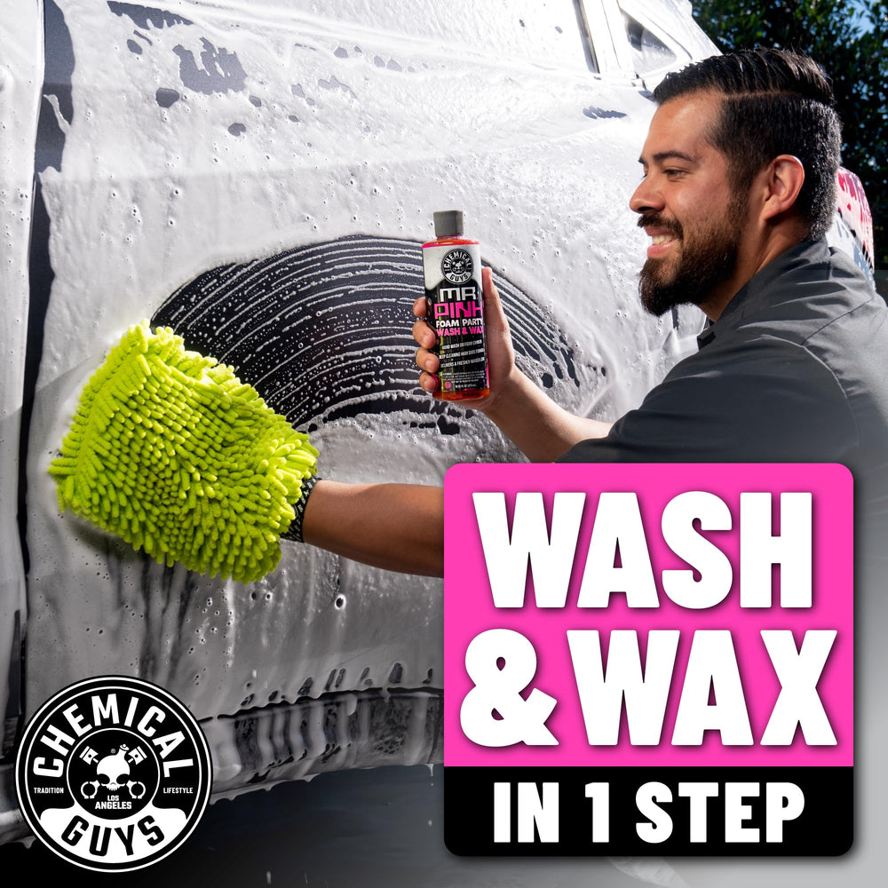 Chemical Guys Mr. Pink foam suds creating rich lather for safer vehicle cleaning.