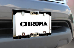 CHROMA Jeep License Plate Frame side view, bold chrome finish enhances styling.