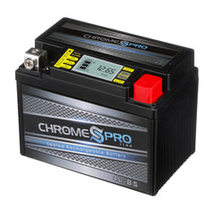 Chrome S Pro iGel YTX4L-BS battery with LED display showing voltage readout for quick monitoring