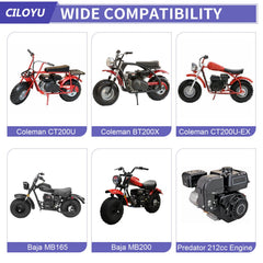 Compatibility chart highlighting supported mini bike models for the CILOYU kit