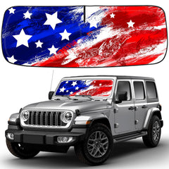 CIMIAUTO USA Flag windscreen sunshade for Jeep Wrangler blocks heat and glare.