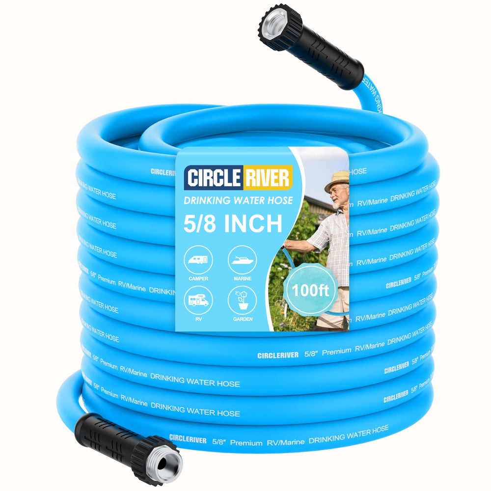 CircleRiver RV Water Hose 100ft with aluminum fittings provides secure connections.