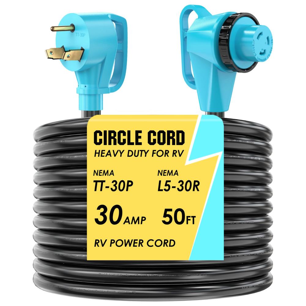 CircleCord 30A 50ft RV power cord fully extended for campsite use