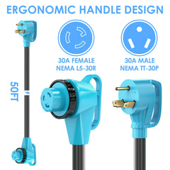 CircleCord 30A 50ft twist-lock TT-30P to L5-30R connection secured