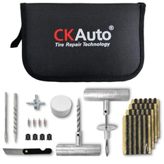 CKAuto universal tire repair kit components neatly arranged for quick roadside use.
