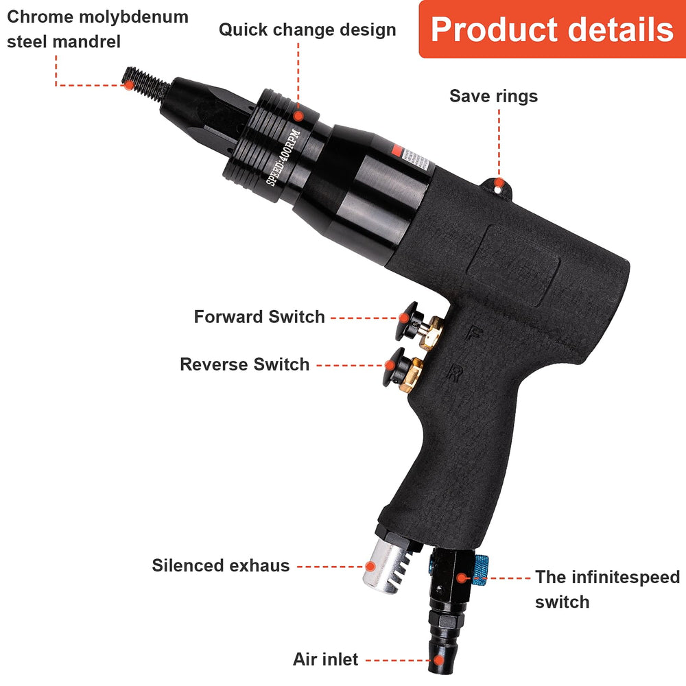 Clatoon pneumatic rivet nut gun with 1/4 head for fast, dependable assemblies.