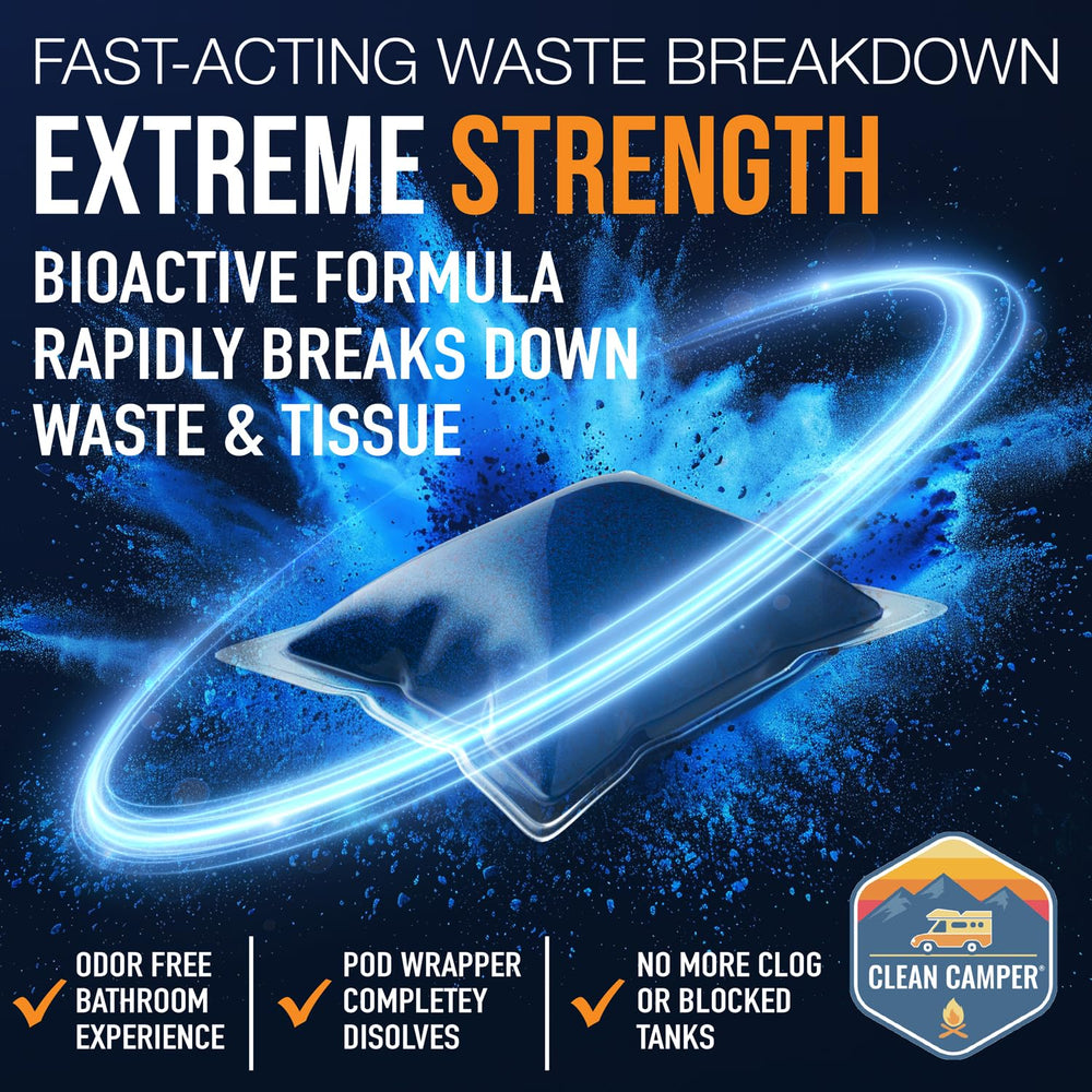 Clean Camper advanced enzyme technology pod breaks down waste efficiently.