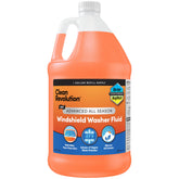 Clean Revolution windshield fluid bottle pour shows instant winter protection and all-season use.