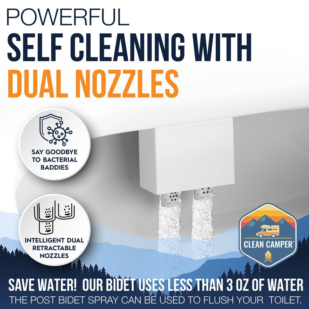 Clean Camper self-cleaning nozzles simplify maintenance on long trips.