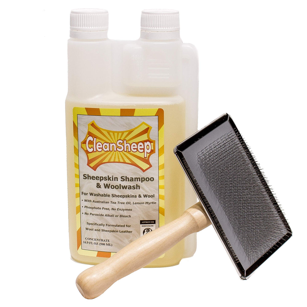 CleanSheep brush shown for fluffing and refreshing a sheepskin fleece