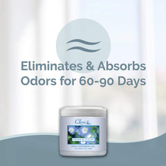Close-up of Clear Air odor eliminator in a living space showing plant-based formula.