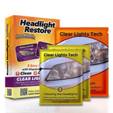 Clear Lights Tech headlight restoration kit with 3 wipes restores clarity.