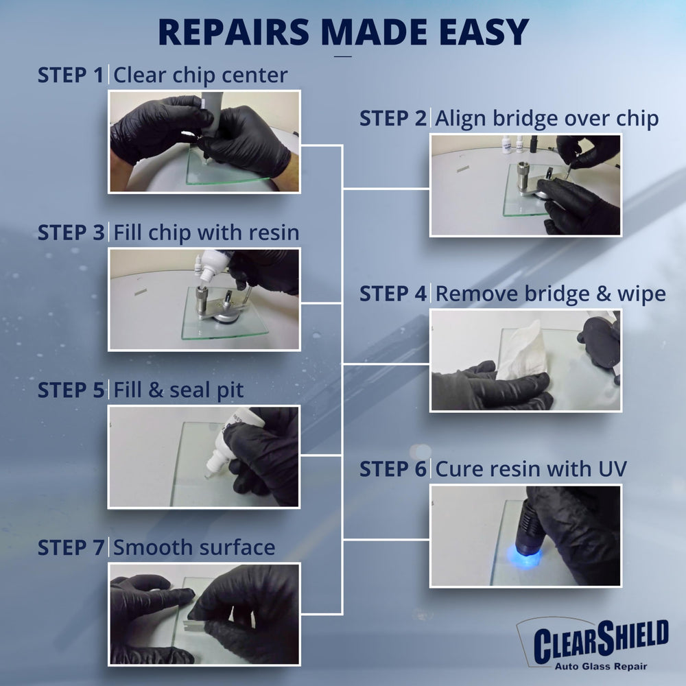 Clearshield kit applying resin to a window crack for fast restoration