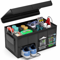 CLESOO car trunk organizer 50L with lid open showing spacious compartments