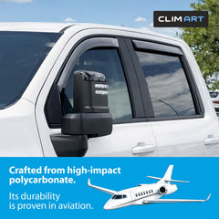 CLIM ART in-channel rain guard front right for GMC Sierra blocking rain while ventilating.