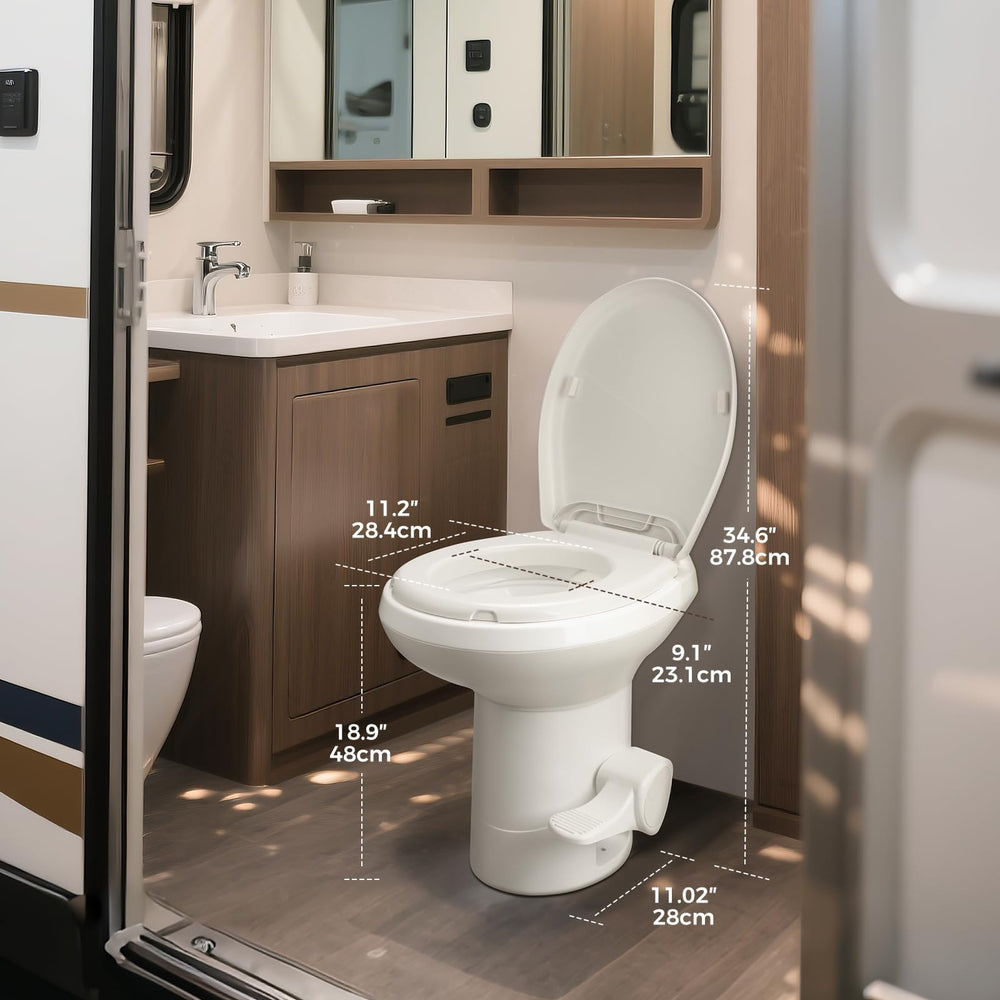 Clirass triple-jet flush illustrates powerful waste removal in travel bathrooms.