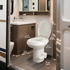Clirass triple-jet flush illustrates powerful waste removal in travel bathrooms.
