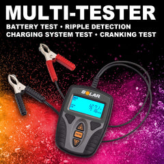Clore Automotive SOLAR Digital 12V Battery Tester CC range demonstrates testing from 40 to 1200 CCA.
