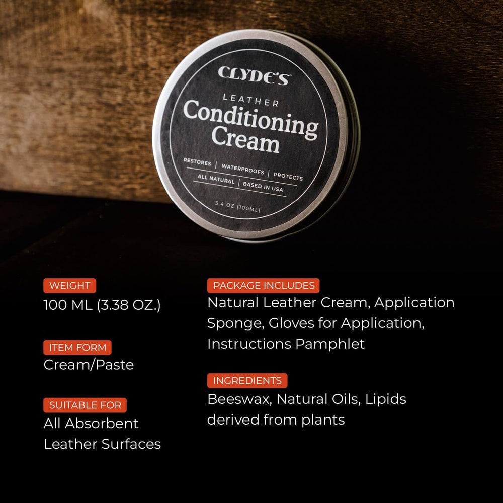 Clyde's Leather Conditioning Cream on car seat protects from dirt and water