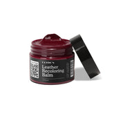Clyde's Leather Recoloring Balm jar closeup reveals rich color restoration.