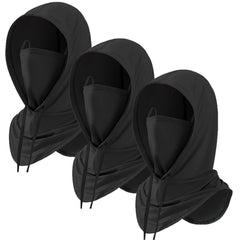 Cmonie balaclava 3-pack black worn as a full-face mask for sun and wind protection