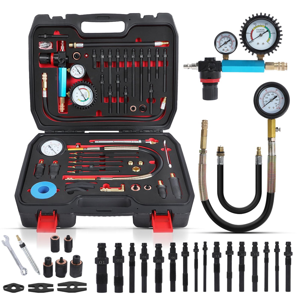 CMTOOL compression tester kit with 46pcs enables diesel and petrol engine diagnostics.