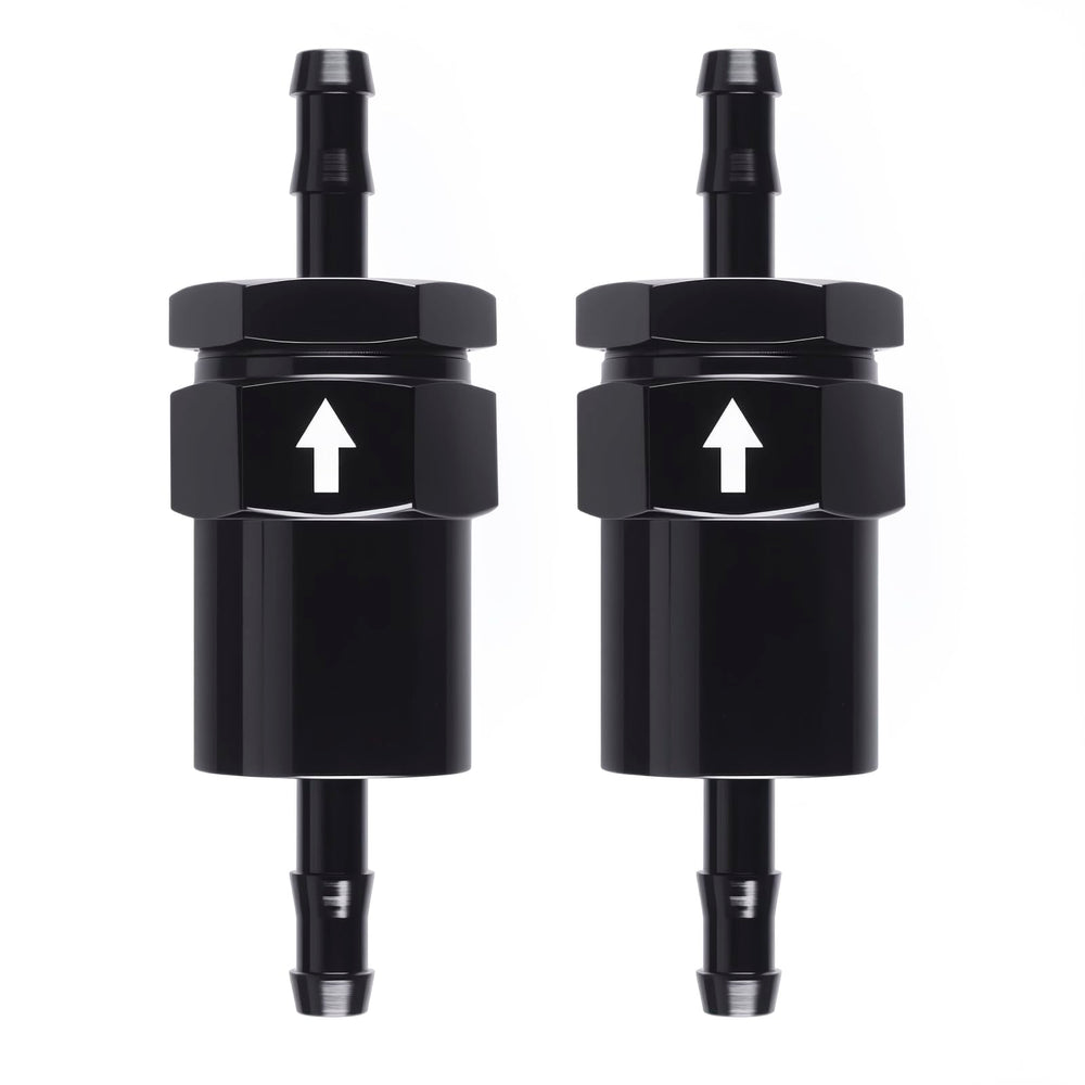 CNRAQR billet inline fuel filter 30 micron close-up with rugged black anodized finish.