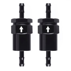CNRAQR billet inline fuel filter 30 micron close-up with rugged black anodized finish.
