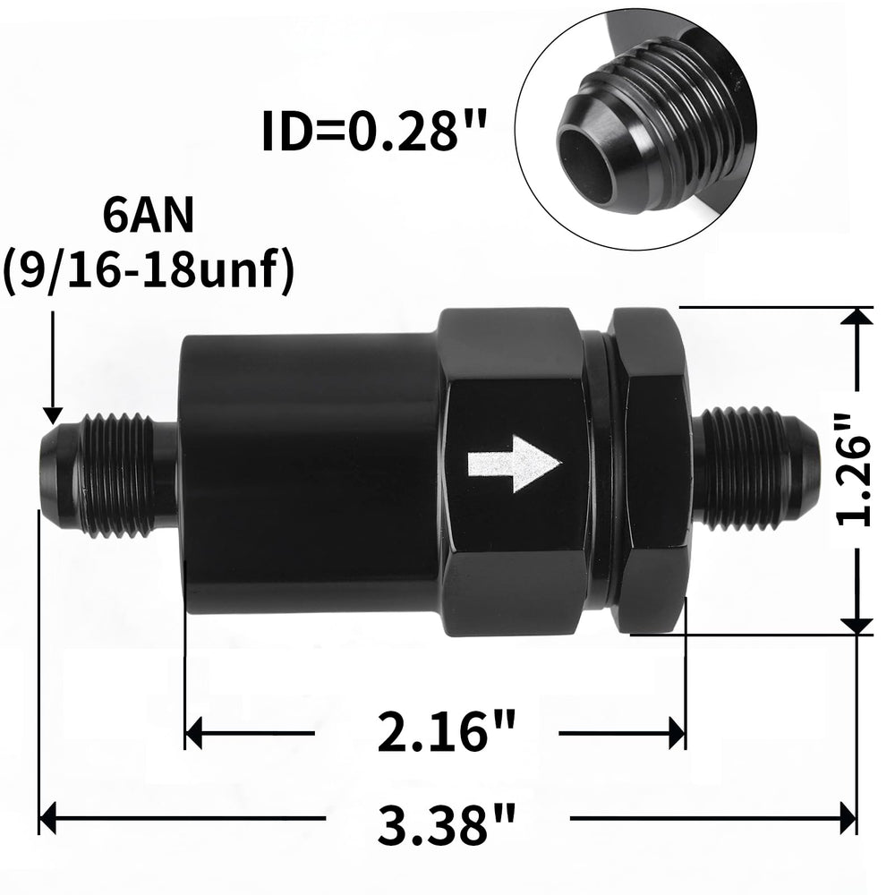 CNRAQR inline filter with black anodized body for durable EFI installations.