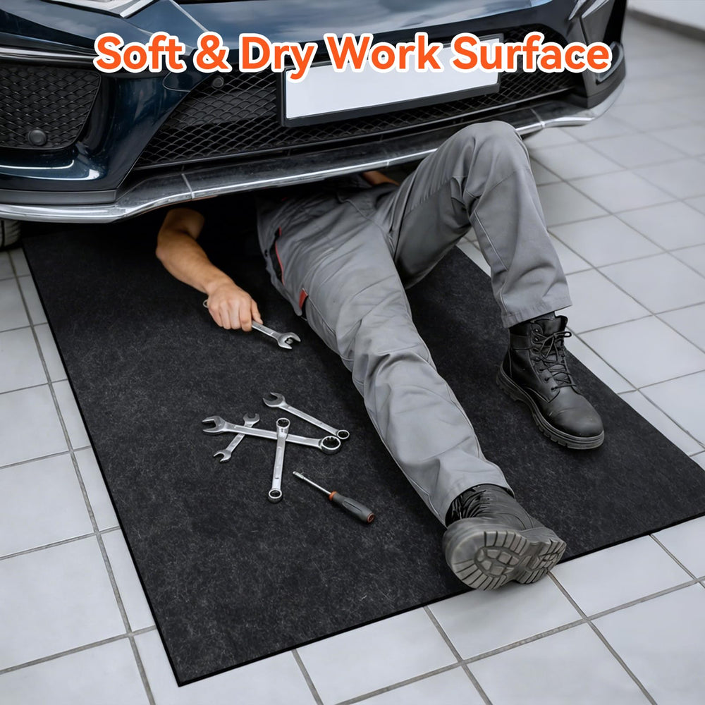 COAGOU garage mat placed under vehicle protects floor.