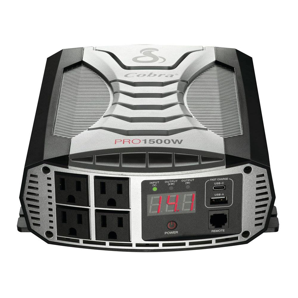 Cobra PRO 1500W inverter front panel showing four grounded outlets for on‑the‑go power.