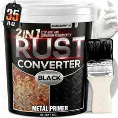 Cocomfix rust-converter bottle pouring onto rust to seal metal against corrosion.