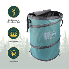Coghlan's deluxe trash bin lid zipped closed, keeping odors contained during outdoor gatherings.