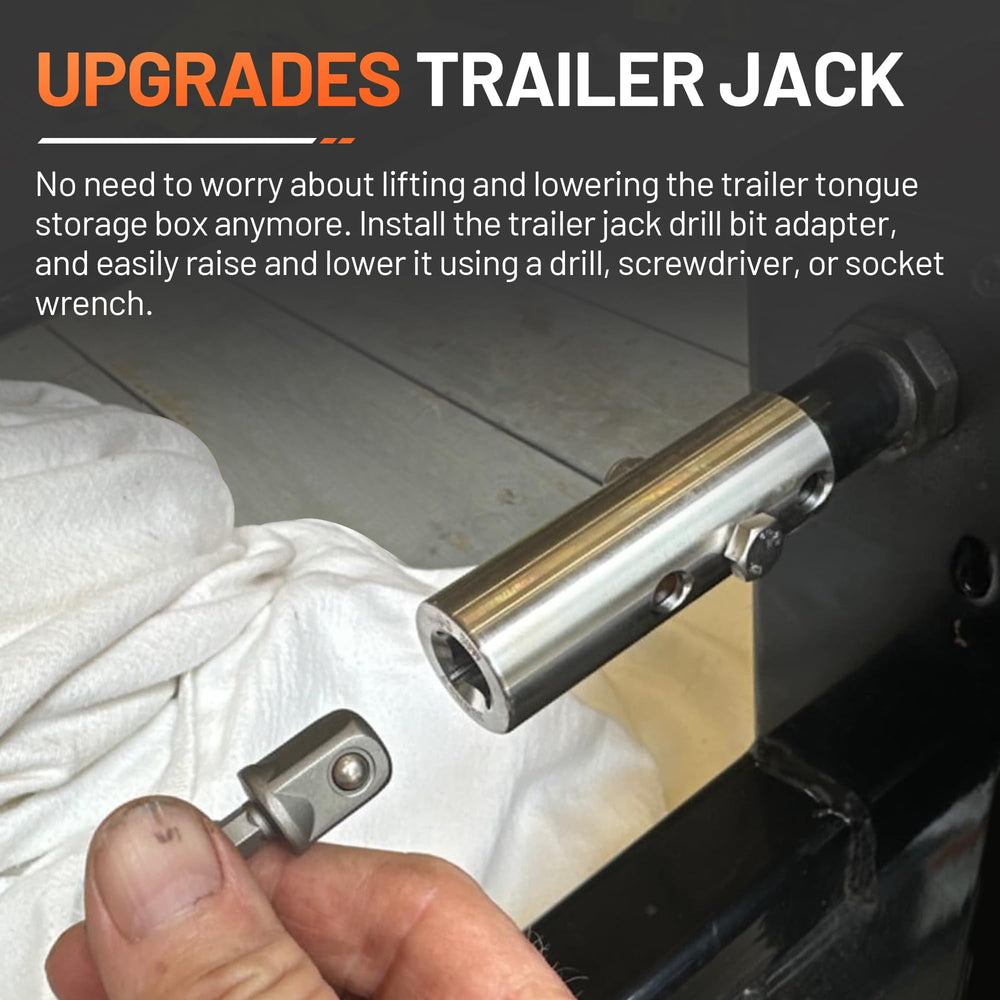 COKNUMBER in-use trailer jack drill adapter powering a lift