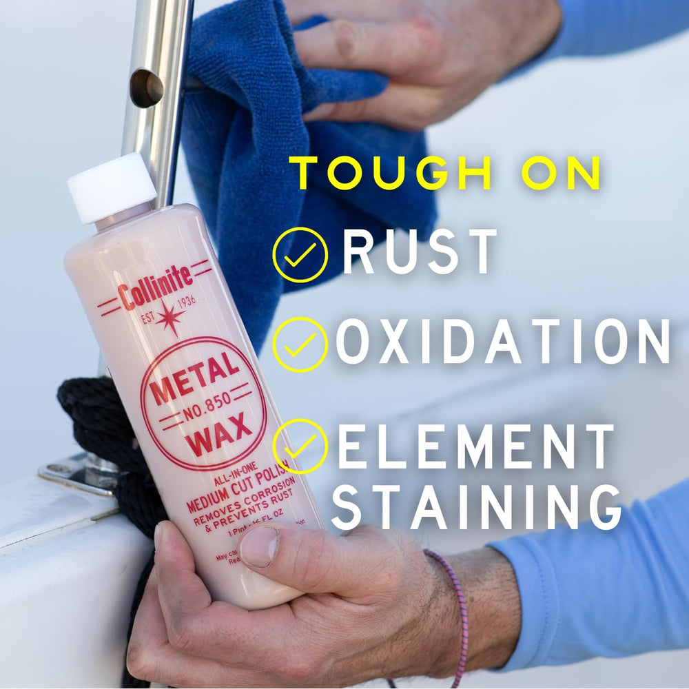 COLLINITE 850 Metal Wax applied with a pad highlights user-friendly use.