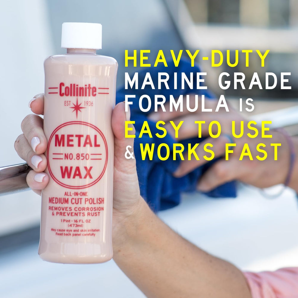 COLLINITE 850 Metal Wax reveals rejuvenated shine after treatment.