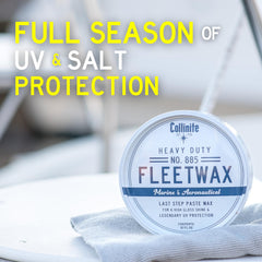 Collinite 885 Fleetwax application swatch highlights smooth spread and glossy finish.