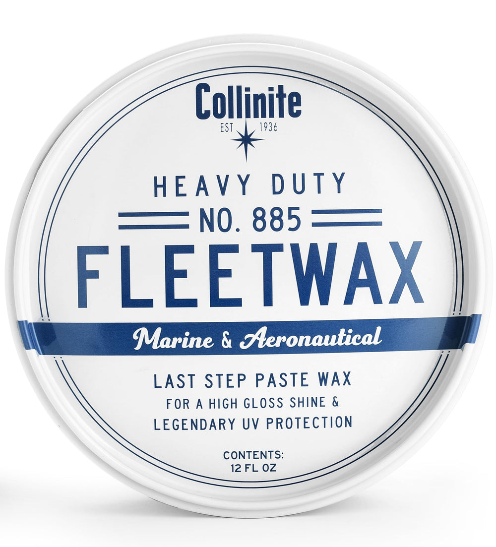 Collinite 885 Fleetwax bottle front view showing durable fiberglass protection.