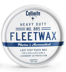 Collinite 885 Fleetwax bottle front view showing durable fiberglass protection.
