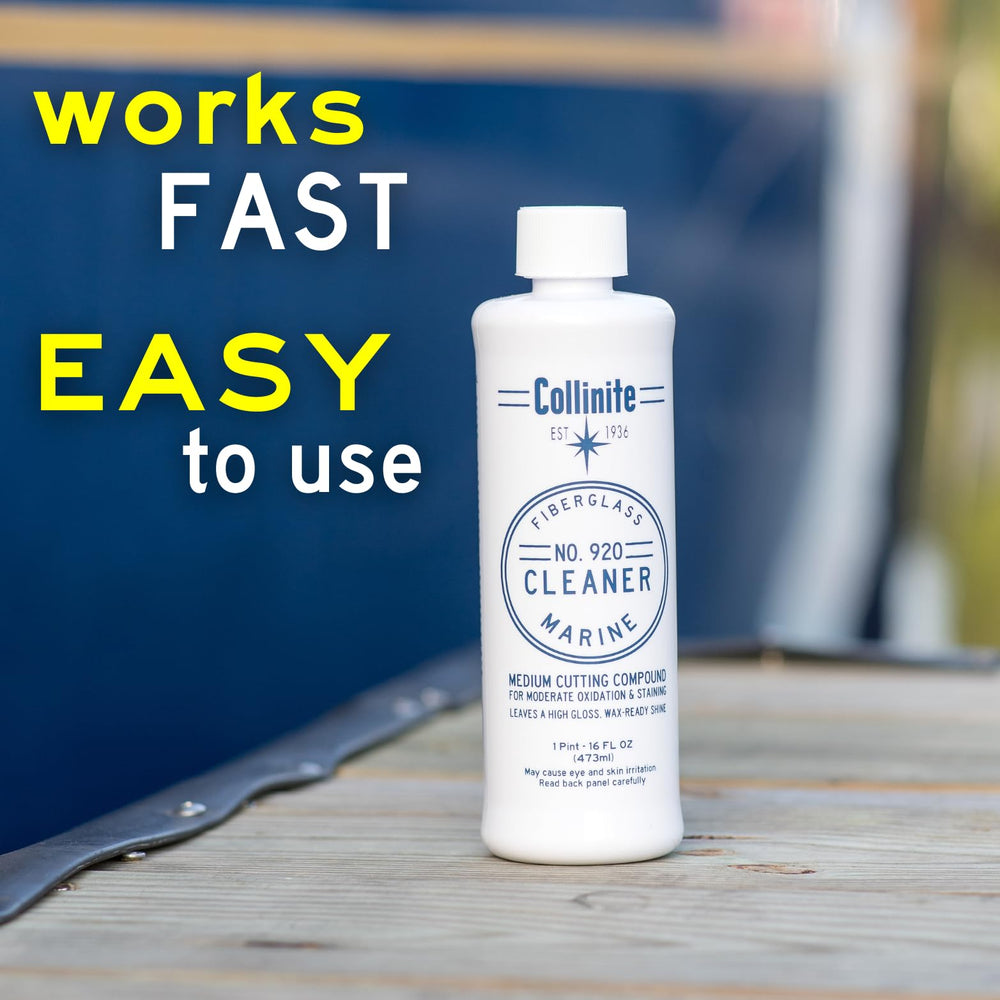 COLLINITE 920 Oxidation Remover brightens faded fiberglass surfaces for gloss.